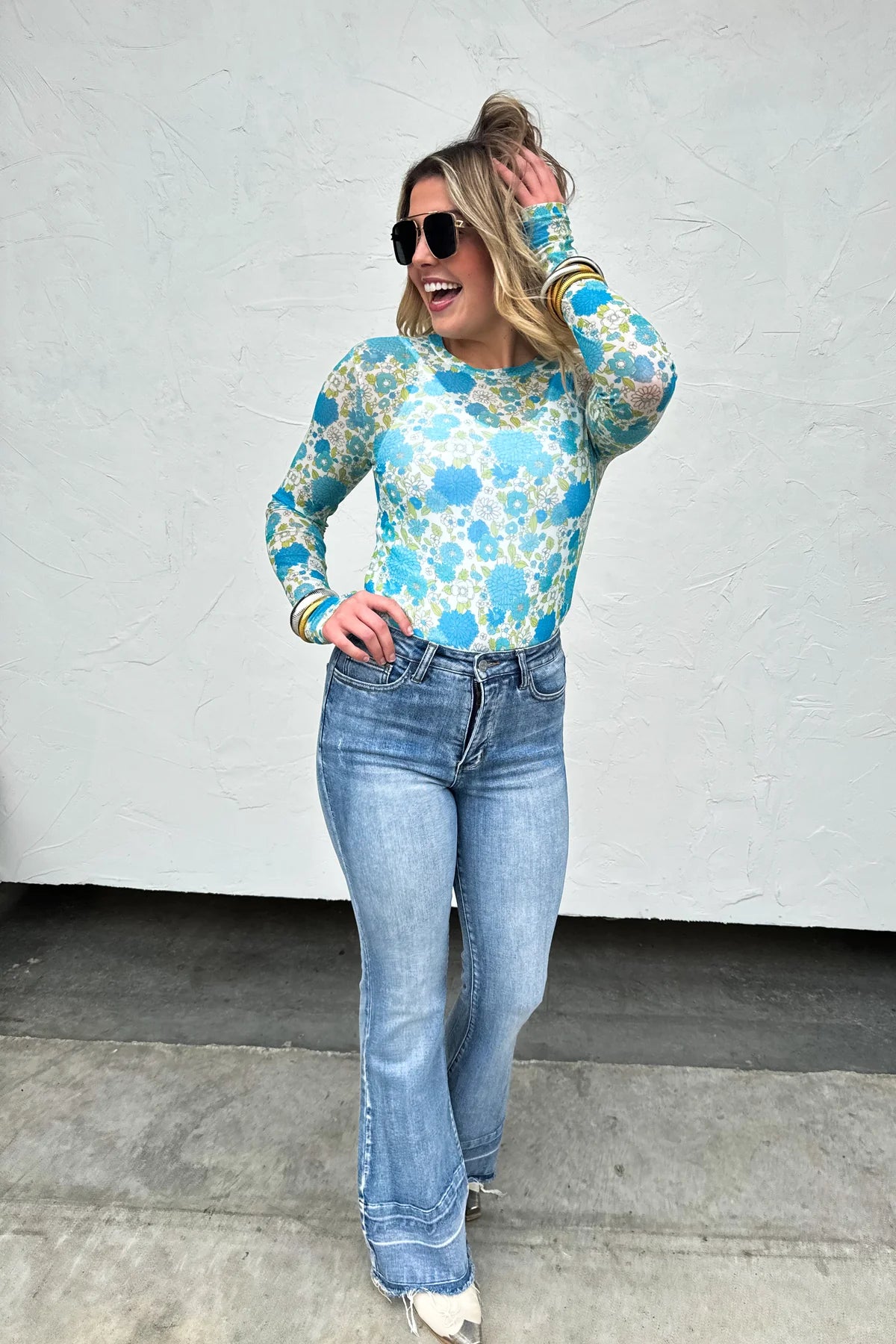 Blue Floral Mesh Top