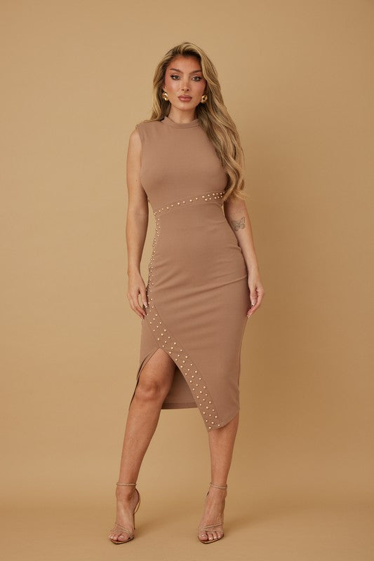 Mocha Studded Midi Dress