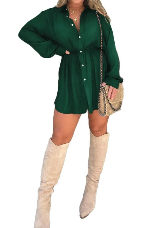 Satin Romper Dress- Emerald Green